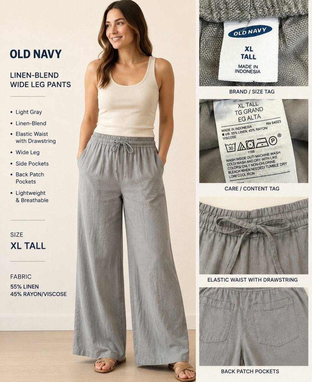 NWT Coastal Resort Old Navy Linen Blend Wide Leg Pants Size XL Tall Light Gray